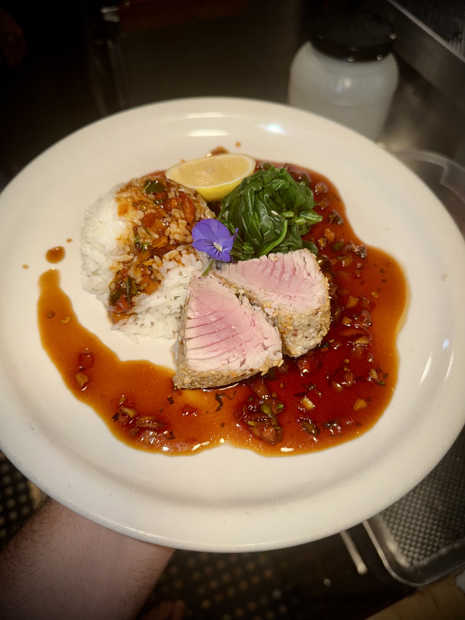 Seared Ahi Monterey Rice Blanched Spinach
